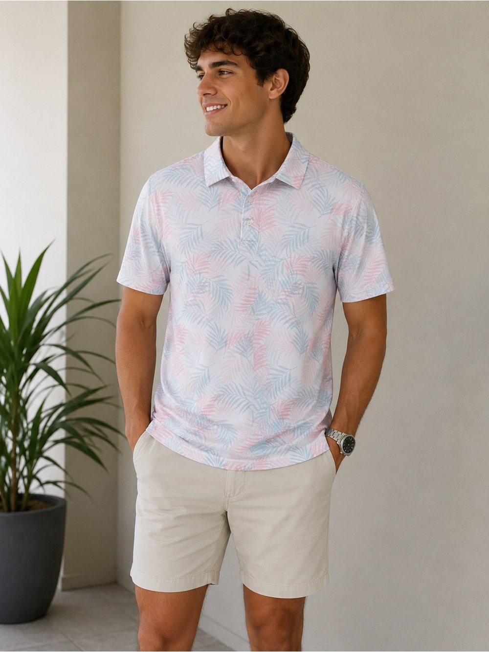Hogan Leaf-Print Polo in Light Blue & Pink